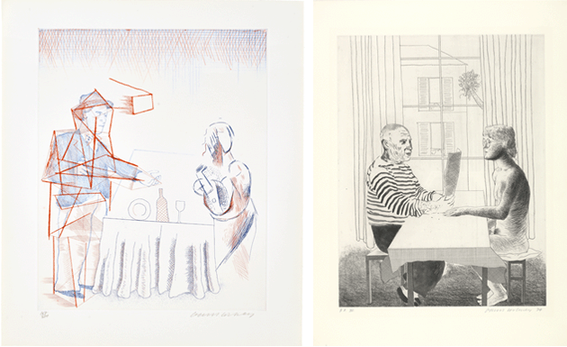 David Hockney, Figures with Still Life, plate 10 from The Blue Guitar, 1977.